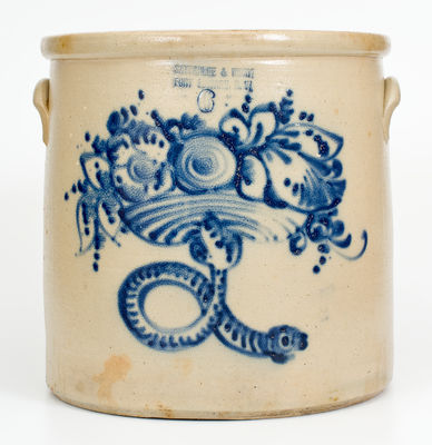 Very Rare Six-Gallon SATTERLEE & MORY / FORT EDWARD, N.Y. Stoneware Crock w/ Snake and Flower Basket Design