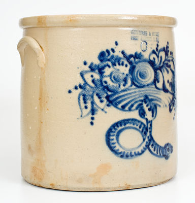 Very Rare Six-Gallon SATTERLEE & MORY / FORT EDWARD, N.Y. Stoneware Crock w/ Snake and Flower Basket Design