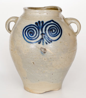 Exceptional and Important 18th Century Stoneware Watchspring Jar, probably Cheesequake, New Jersey