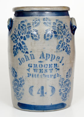 Scarce 4 Gal. Western PA Stoneware Jar w/ "John Appel / Pittsburgh" Stenciled Advertising