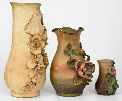Lot of Three: Unusual Stoneware Vases with Applied Flowers