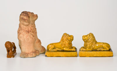 Lot of Four: Stoneware Animal Figures incl. Ohio Spaniel, Lion Figure, and Pair of Lions