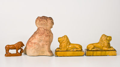 Lot of Four: Stoneware Animal Figures incl. Ohio Spaniel, Lion Figure, and Pair of Lions