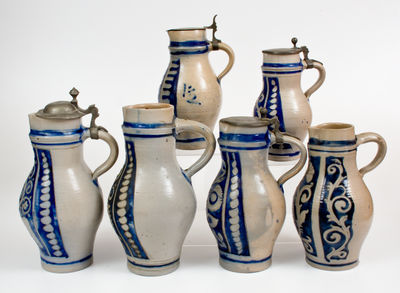 Lot of Six: Elaborate German Stoneware Tankard Pitchers, Nineteenth Century