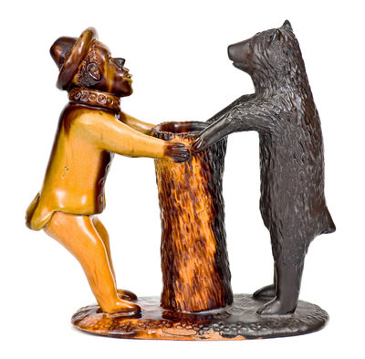 Exceedingly Rare and Important Pennsylvania Redware Preacher and Bear Figure