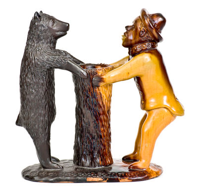 Exceedingly Rare and Important Pennsylvania Redware Preacher and Bear Figure