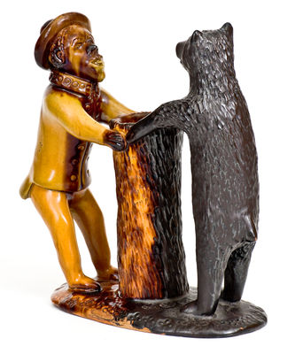 Exceedingly Rare and Important Pennsylvania Redware Preacher and Bear Figure