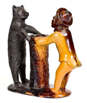 Exceedingly Rare and Important Pennsylvania Redware Preacher and Bear Figure