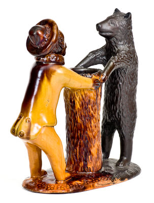 Exceedingly Rare and Important Pennsylvania Redware Preacher and Bear Figure