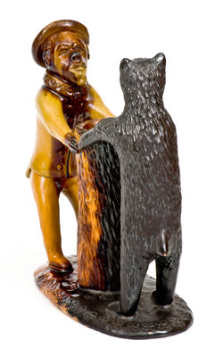 Exceedingly Rare and Important Pennsylvania Redware Preacher and Bear Figure