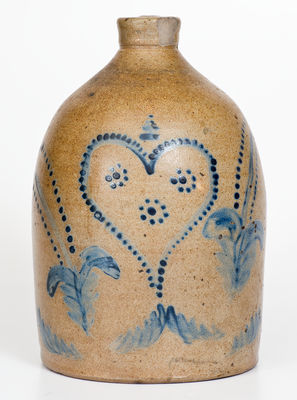 Rare  attrib. Pfaltzgraff, York, PA Stoneware Jug w/ Cobalt Heart Decoration