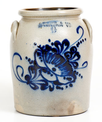 J. NORTON & CO / BENNINGTON, VT Stoneware Jar w/ Elaborate Cobalt Floral Decoration
