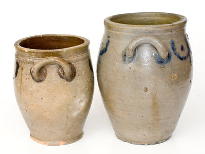 Lot of Two: Crolius Family, Manhattan Stoneware Jars w/ Brushed Cobalt Drape Designs