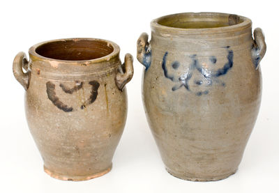 Lot of Two: Crolius Family, Manhattan Stoneware Jars w/ Brushed Cobalt Drape Designs