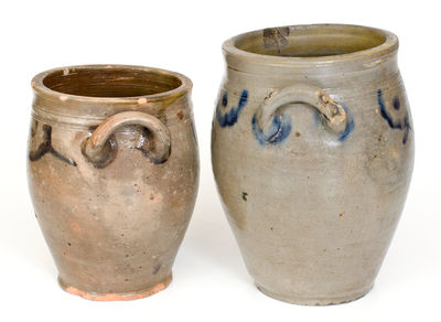 Lot of Two: Crolius Family, Manhattan Stoneware Jars w/ Brushed Cobalt Drape Designs