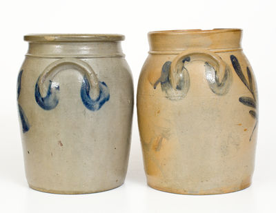 Lot of Two: R. W. RUSSELL / BEAVER, PA Stoneware Jars w/ Cobalt Decoration