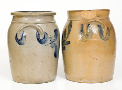 Lot of Two: R. W. RUSSELL / BEAVER, PA Stoneware Jars w/ Cobalt Decoration