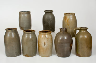 Lot of Eight: Undecorated Stoneware Canning Jars / Jug, primarily Western PA