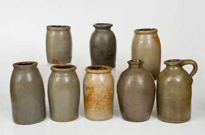 Lot of Eight: Undecorated Stoneware Canning Jars / Jug, primarily Western PA