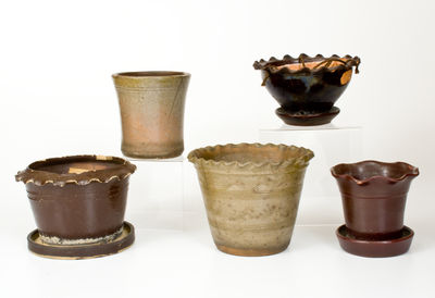 Lot of Five: Western PA and WV Stoneware Flowerpots incl. Rare Morgantown Example