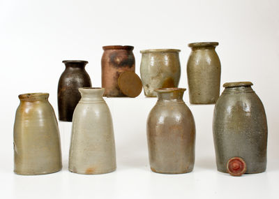 Lot of Eight: Undecorated Stoneware Jars, primarily Western Pennsylvania