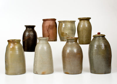 Lot of Eight: Undecorated Stoneware Jars, primarily Western Pennsylvania