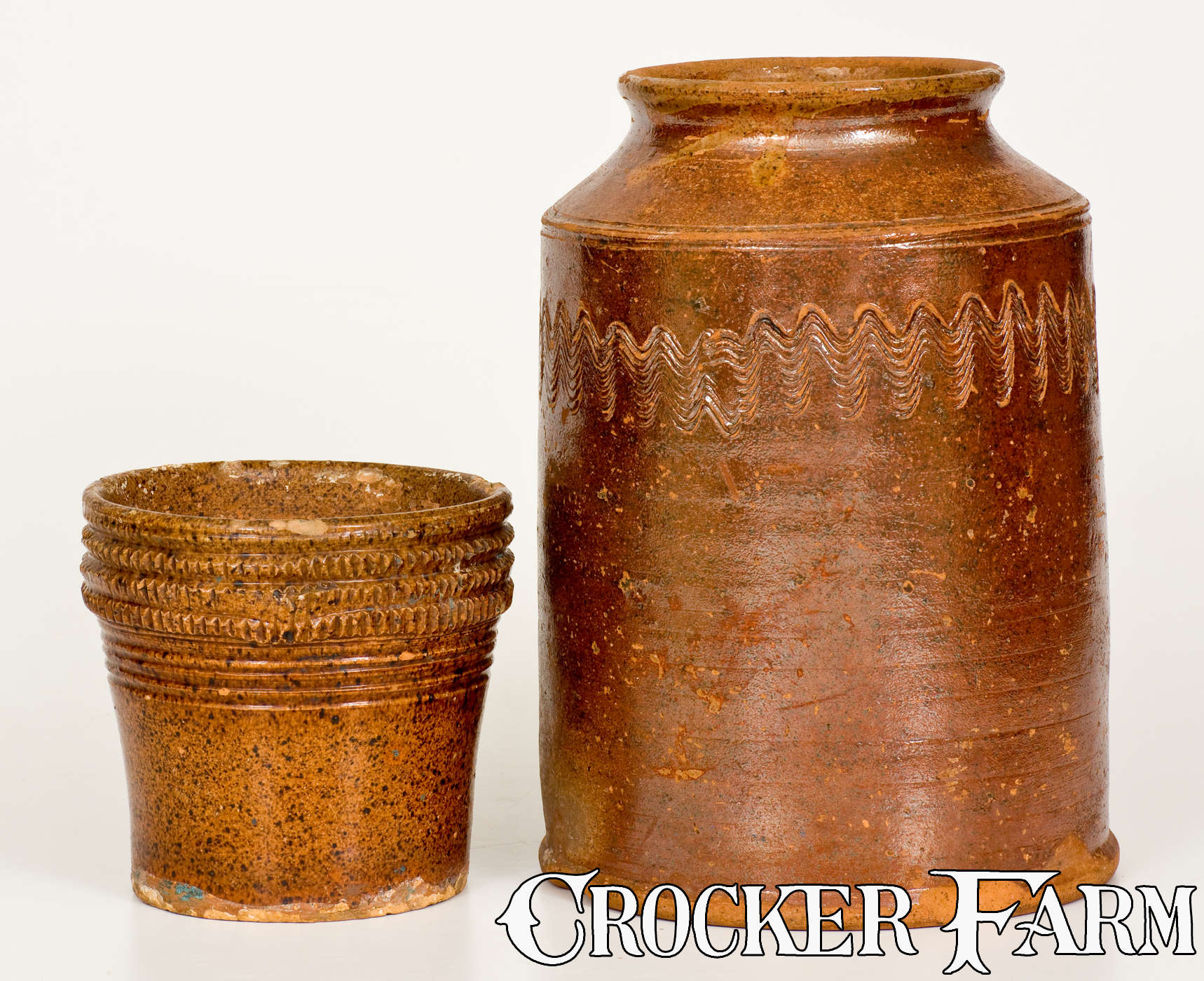 Lot of Two: American Redware Jar and Flowerpot, both with Elaborate ...