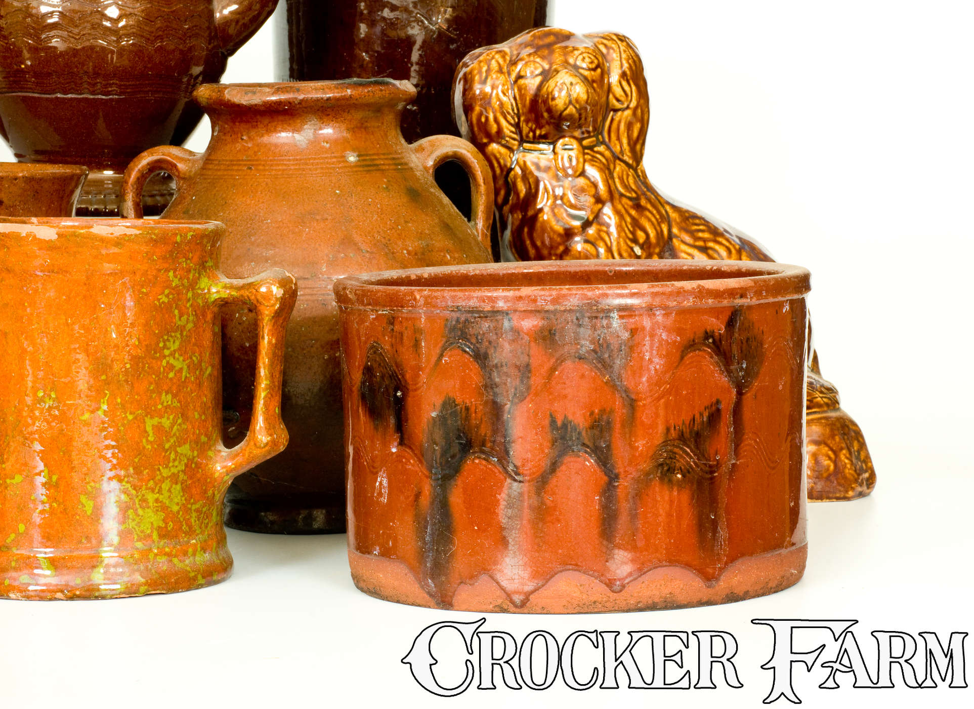 Lot of Fourteen: Assorted Pottery Articles incl. Redware and Rockingham ...
