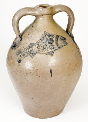 Exceptional Double-Handled Stoneware Jug w/ Incised Fish and Double-Bird Motifs, Ohio origin