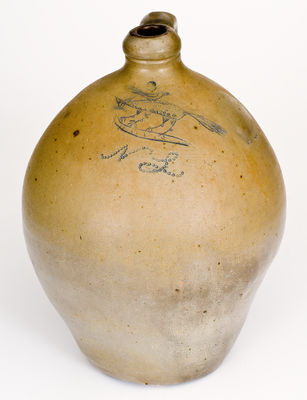 Extremely Rare Stoneware Jug w/ Incised Fox and Bird Decoration, circa 1825