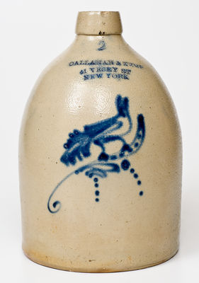 New York City Stoneware Advertising Jug w/ Bird Decoration, att. Vaupel, Williamsburg, Brooklyn, NY