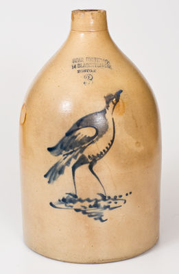 Three-Gallon Boston, MA Stoneware Advertising Jug w/ Cobalt Standing Bird Decoration