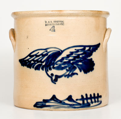 Exceptional 4 Gal. J. & E. NORTON / BENNINGTON, VT Stoneware Crock w/ Bold Flying Hawk Design