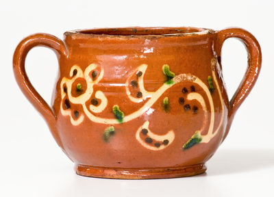 Very Fine Southeastern PA Redware Sugar Bowl w/ Elaborate Three-Color Slip Floral Decoration