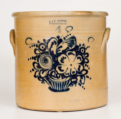 Four-Gallon J. & E. NORTON / BENNINGTON, VT Stoneware Crock w/ Cobalt Flower Basket