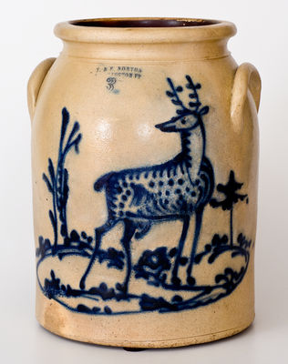 Rare Three-Gallon J. & E. NORTON / BENNINGTON, VT Stoneware Jar w/ Elaborate Cobalt Deer Scene