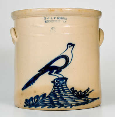 Fine E & L P NORTON / BENNINGTON VT Six-Gallon Stoneware Crock w/ Cobalt Bird-on-Stump