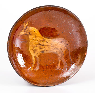 Redware Plate with Slip-Decorated Horse Motif, attrib. Jacob Medinger, Limerick Twp, PA