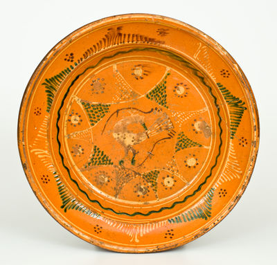 Exceptional Large-Sized Moravian Redware Bowl with Bird Decoration