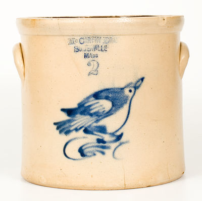 2 Gal. Stoneware Crock w/ Bird Decoration, SOMERVILLE, MASS. Advertising