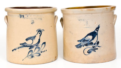 Lot of Two: 3 Gal. FORT EDWARD, NY Stoneware Crocks with Bird Decoration