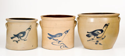 Lot of Three: Stoneware Jars w/ Bird Decoration attrib. Fulper Bros., Flemington, NJ