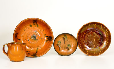 Lot of Four: Redware Shaving Mug,  Bowl, and Two Plates incl. Stahl Pottery Example