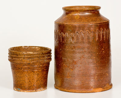Lot of Two: American Redware Jar and Flowerpot, both with Elaborate Incising