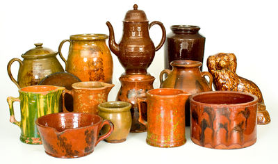 Lot of Fourteen: Assorted Pottery Articles incl. Redware and Rockingham Ware Spaniel