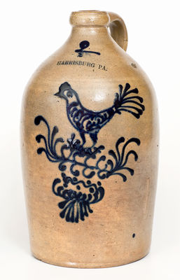HARRISBURG, PA (John Young, circa 1856-1858) Stoneware Jug w/ Slip-Trailed Rooster Design
