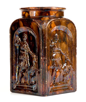 JUNIATA POTTERY / BY / G.M. MILLER (Newport, Pennsylvania) Redware Jar w/ Relief Decoration of Diana / Stag