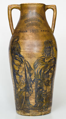 Rare Stoneware Vase w/ Elaborate Native American Decoration for the 1893 Columbian Exposition