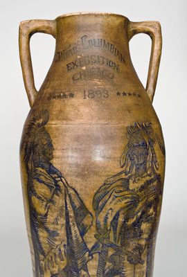 Rare Stoneware Vase w/ Elaborate Native American Decoration for the 1893 Columbian Exposition