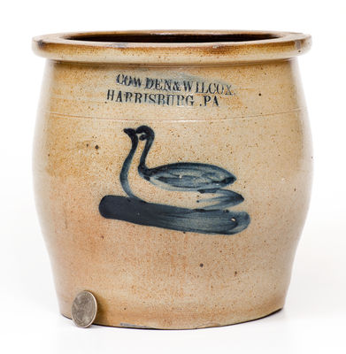 Scarce COWDEN & WILCOX / HARRISBURG, PA Stoneware Jar w/ Cobalt Swan Decoration